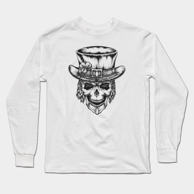 Irish Leprechaun Skull with lucky shamrock for St Patricks Day Long Sleeve T-Shirt by wingsofrage